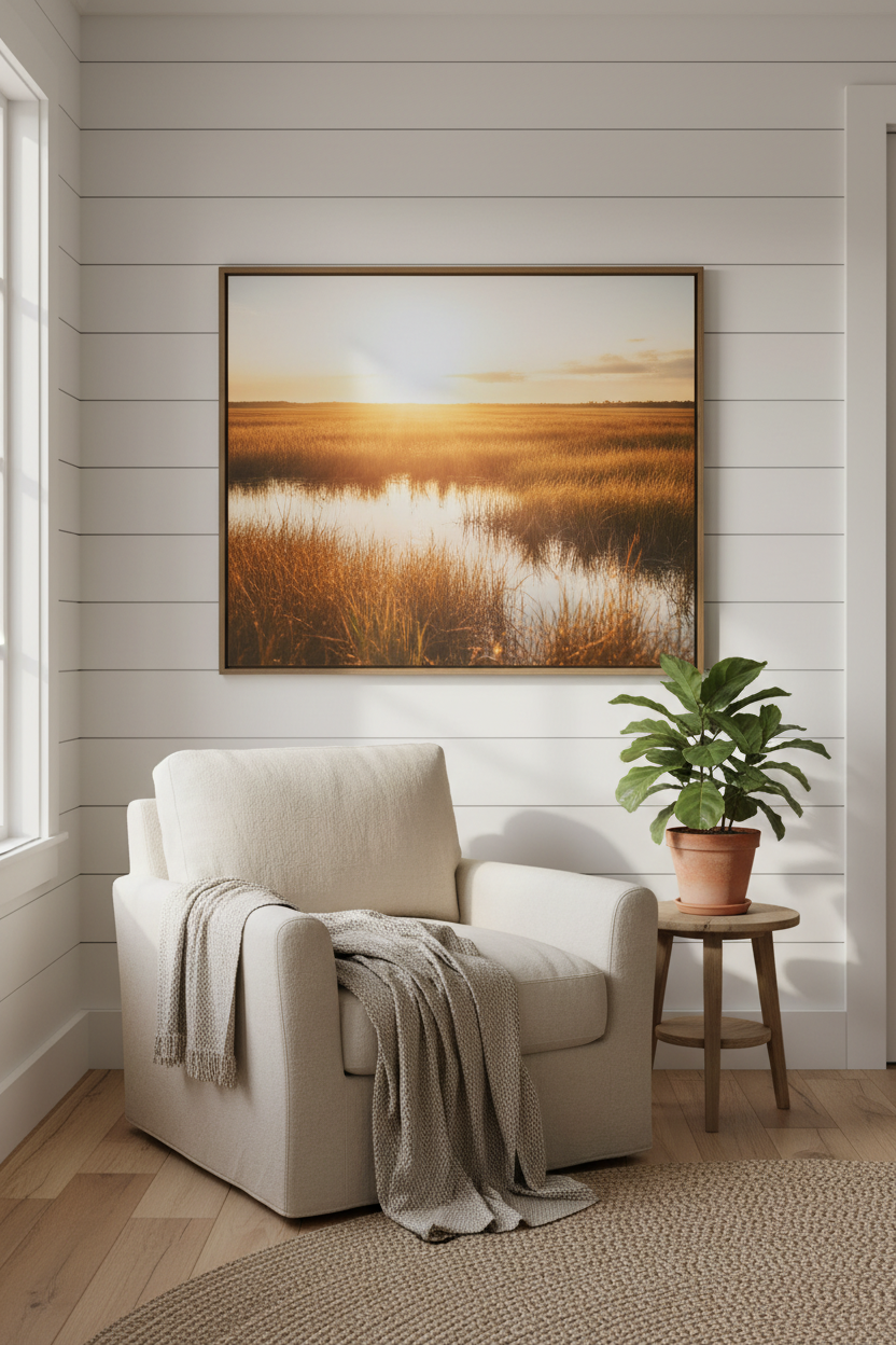 Framed marsh sunset canvas print styled on shiplap wall with linen throw and armchair, Southern farmhouse decor